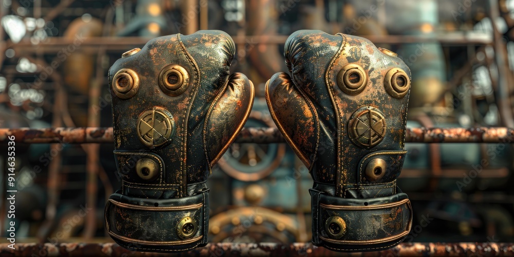 Steampunk boxing gloves with brass accents. Steampunk boxing gloves with brass accents.