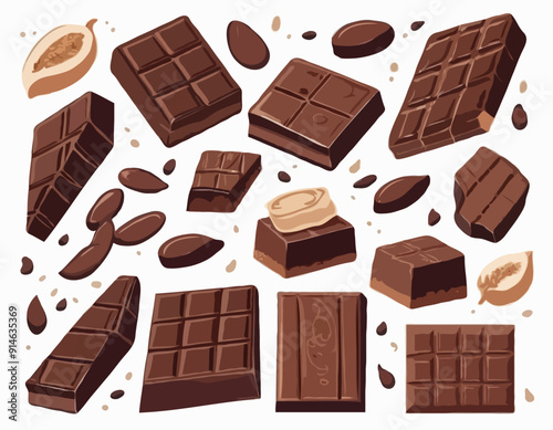 Pieces of natural dark chocolate isolated on white background. ingredients for confectionery
