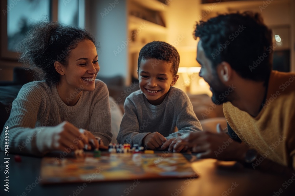 A photograph of a family playing board games together in the living room, with smiles and connection A photograph of a family playing board games together in the living room, with smiles and connection