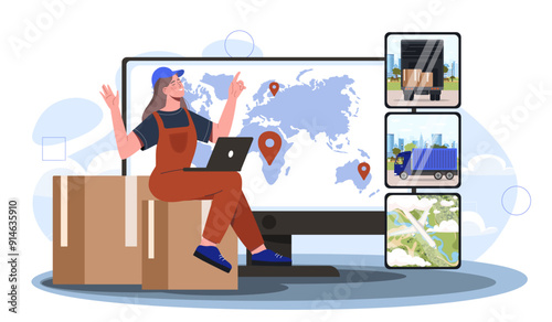 Woman with logistics. Young girl in uniform sitting on cardboard box near computer. Transportation and shipping, delivery. Import and export. Flat vector illustration isolated on white background