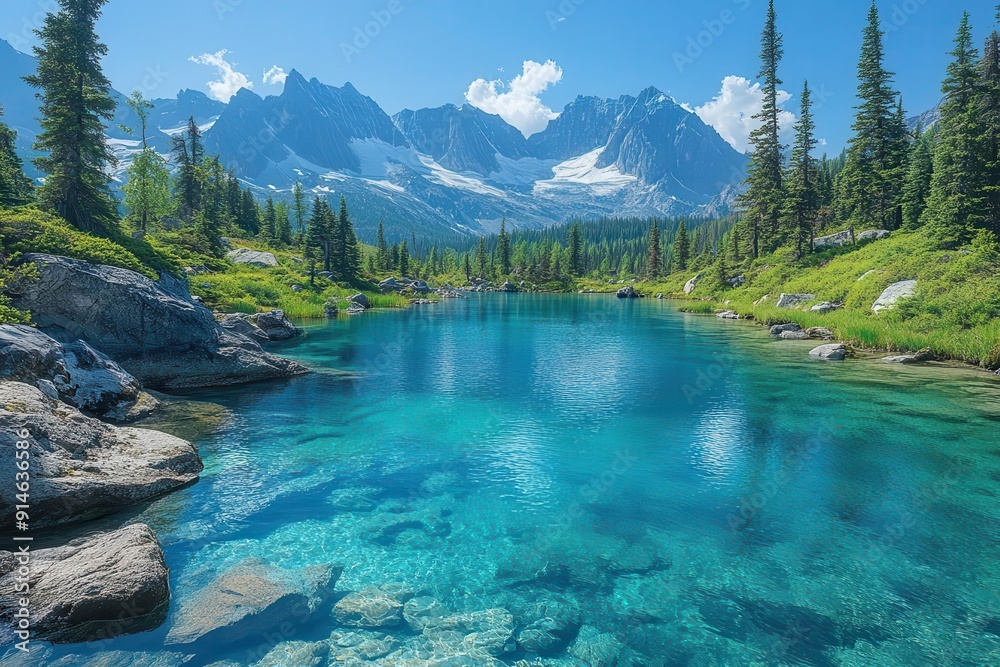 pristine mountain lake crystalclear turquoise waters reflecting snowcapped peaks untouched wilderness serene alpine setting natures hidden gem revealed pristine mountain lake crystalclear turquoise waters reflecting snowcapped peaks untouched wilderness serene alpine setting natures hidden gem revealed
