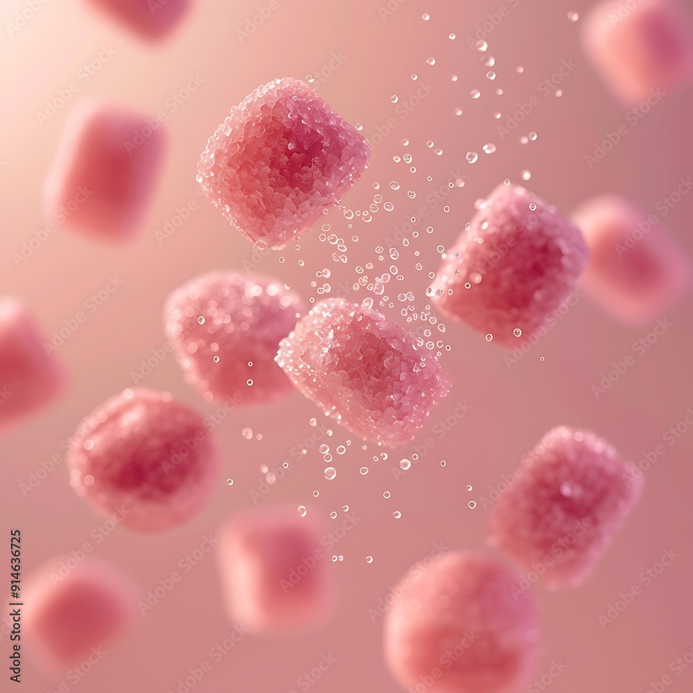 Floating Round Sugar Cubes in Air with Soft Pink Background, Small Sweet Pieces Flying, Sugar Rush Concept Floating Round Sugar Cubes in Air with Soft Pink Background, Small Sweet Pieces Flying, Sugar Rush Concept
