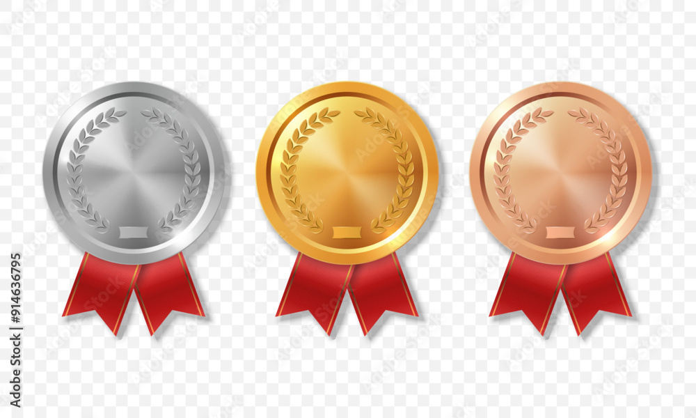 Vector 3d Realistic Blank Golden, Silver and Bronze Award Medal with Red Ribbons Set, Closeup, Isolated. Design Template for Certificates, Awards. Front View Vector 3d Realistic Blank Golden, Silver and Bronze Award Medal with Red Ribbons Set, Closeup, Isolated. Design Template for Certificates, Awards. Front View