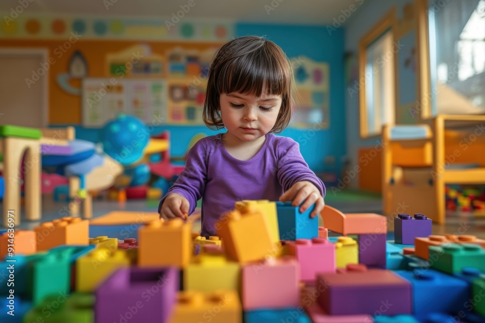 A photograph of a preschooler building a structure with blocks in a colorful playroom, with creativity and curiosity A photograph of a preschooler building a structure with blocks in a colorful playroom, with creativity and curiosity