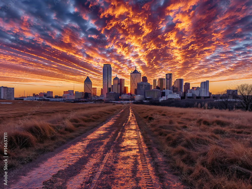 A city skyline is visible in the background as the sun sets. The sky is filled with clouds and the sun is setting in the distance A city skyline is visible in the background as the sun sets. The sky is filled with clouds and the sun is setting in the distance