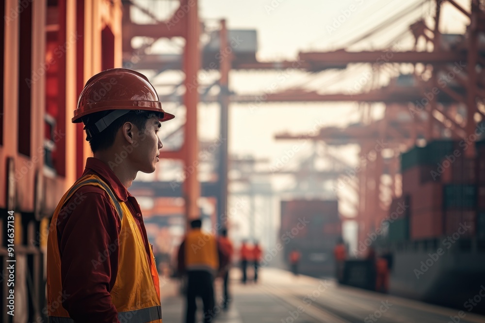 A photograph of a shipping crew unloading cargo containers at a busy port, with focus on global logistics and teamwork A photograph of a shipping crew unloading cargo containers at a busy port, with focus on global logistics and teamwork