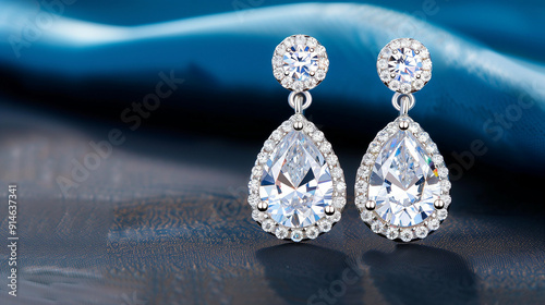 Elegant diamond earrings adorned with sparkling jewelry accents. Stylish accessories for enhancing beauty and sophistication. Perfect for adding a touch of glamour to any outfit photo