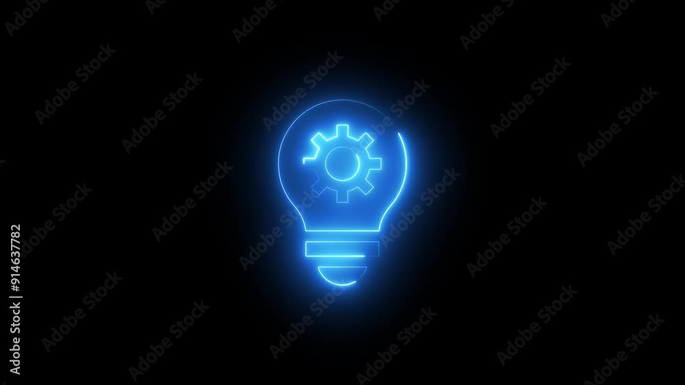 Glowing neon line Light bulb and gear icon isolated on black background. Innovation concept. Glowing neon line Light bulb and gear icon isolated on black background. Innovation concept.
