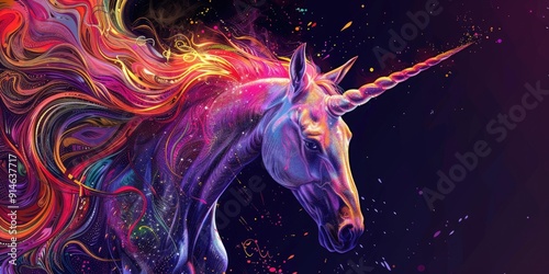 Abstract colorful unicorn on a dark background. photo