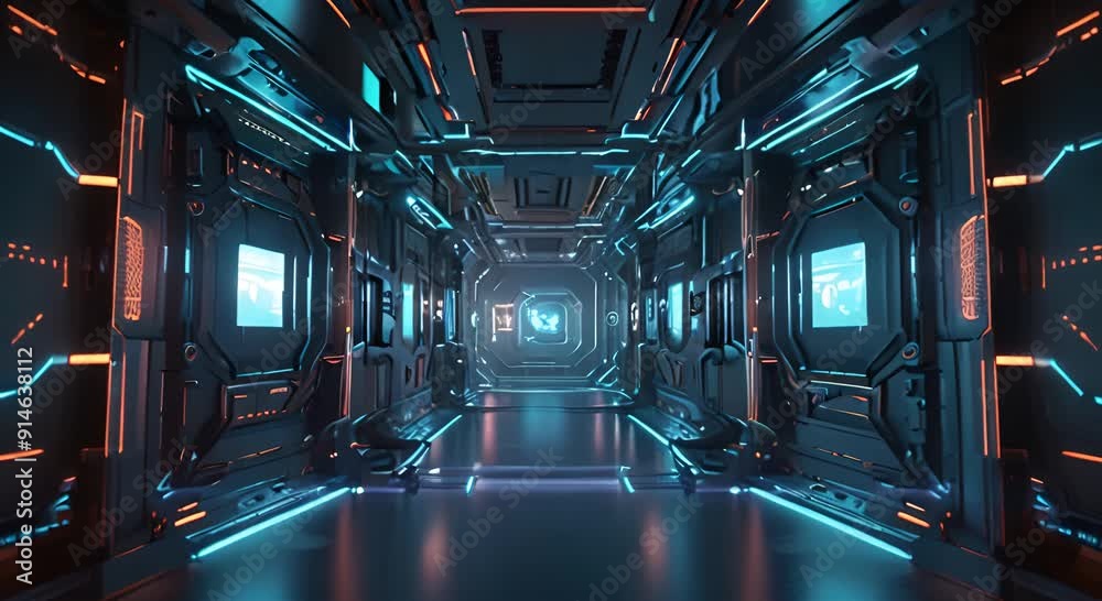 Futuristic Spaceship Corridor with Neon Lights Futuristic Spaceship Corridor with Neon Lights