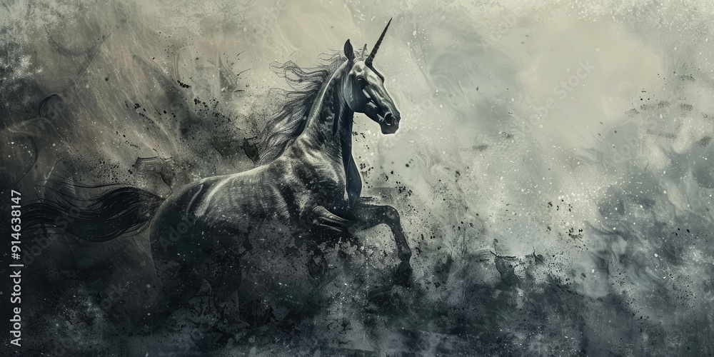 Fototapeta premium Black unicorn runs through misty field.