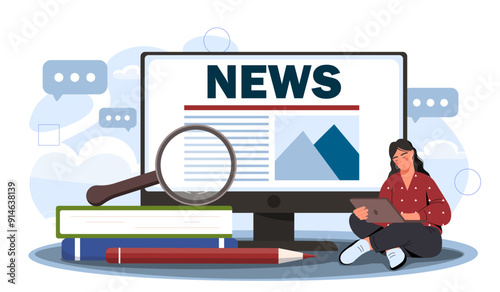 Woman with news. Young girl sits near huge computer screen and magnifying glass. Mass media and journalism. Person with digital newspaper. Flat vector illustration isolated on white background