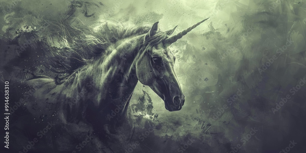 Black unicorn portrait, green and white background.