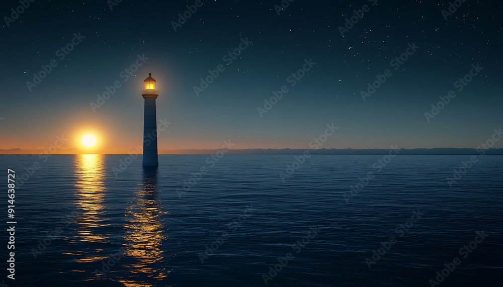 Serene Night Seascape with Illuminated Lighthouse on the Horizon