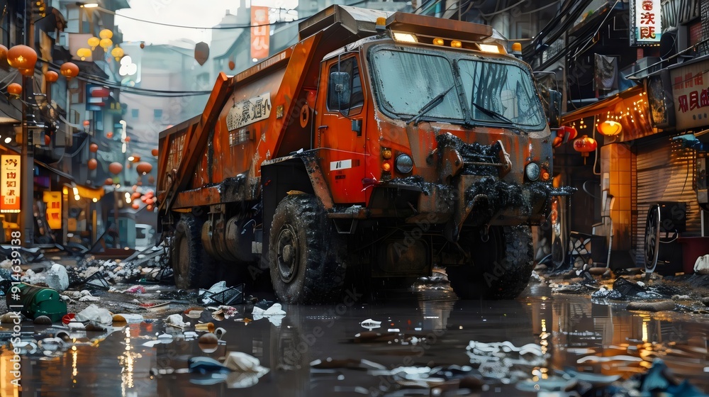 A dump truck is driving through a flooded street with trash and debris
