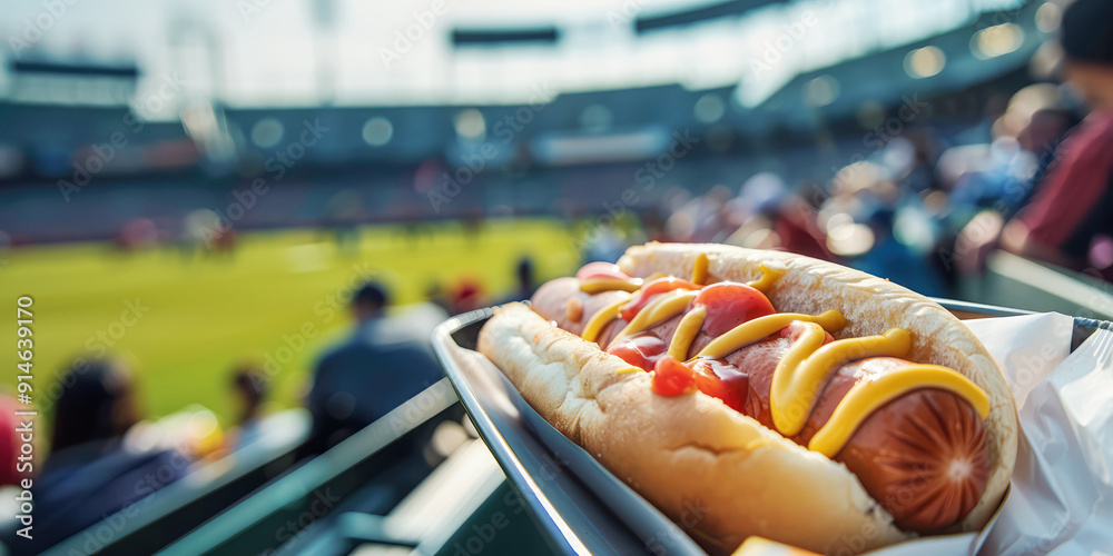 enjoying hot dogs in the stadium during a baseball match, with a vibrant background of the competition and spectators