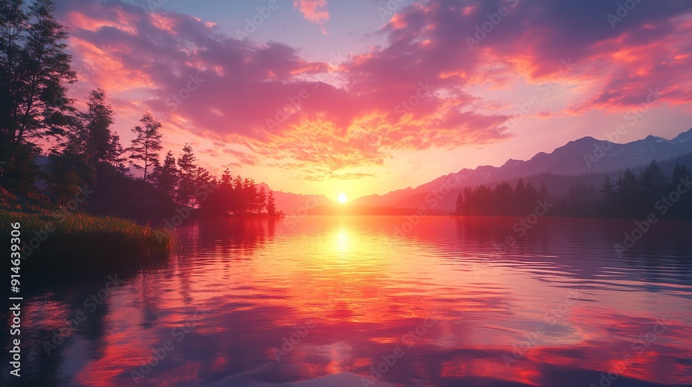 Serene sunset scene with vibrant colors reflected in a tranquil lake wallpaper