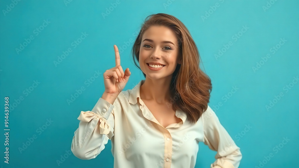 Mujer modelo posando señalando con el dedo índice hacia arriba, fondo verde claro rostro expresivo. Mujer modelo posando señalando con el dedo índice hacia arriba, fondo verde claro rostro expresivo.