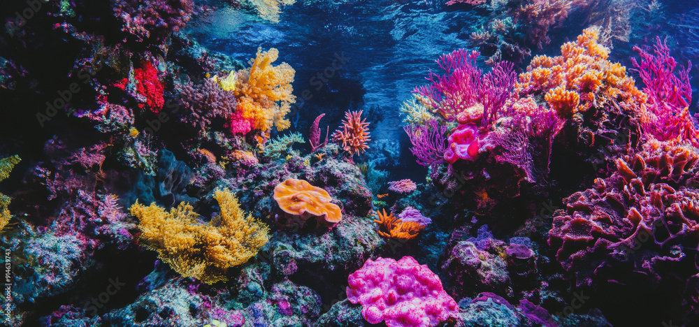Fototapeta premium Vibrant Underwater Coral Reef Teeming With Colorful Marine Life in Clear Tropical Waters