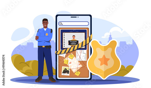 Policeman online service. Man in uniform stands near huge smartphone and gold badge. Patrol officer in uniform. Protection of rights. Safety and security. Flat vector illustration