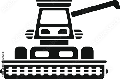 This black and white icon depicts a combine harvester harvesting wheat in a field