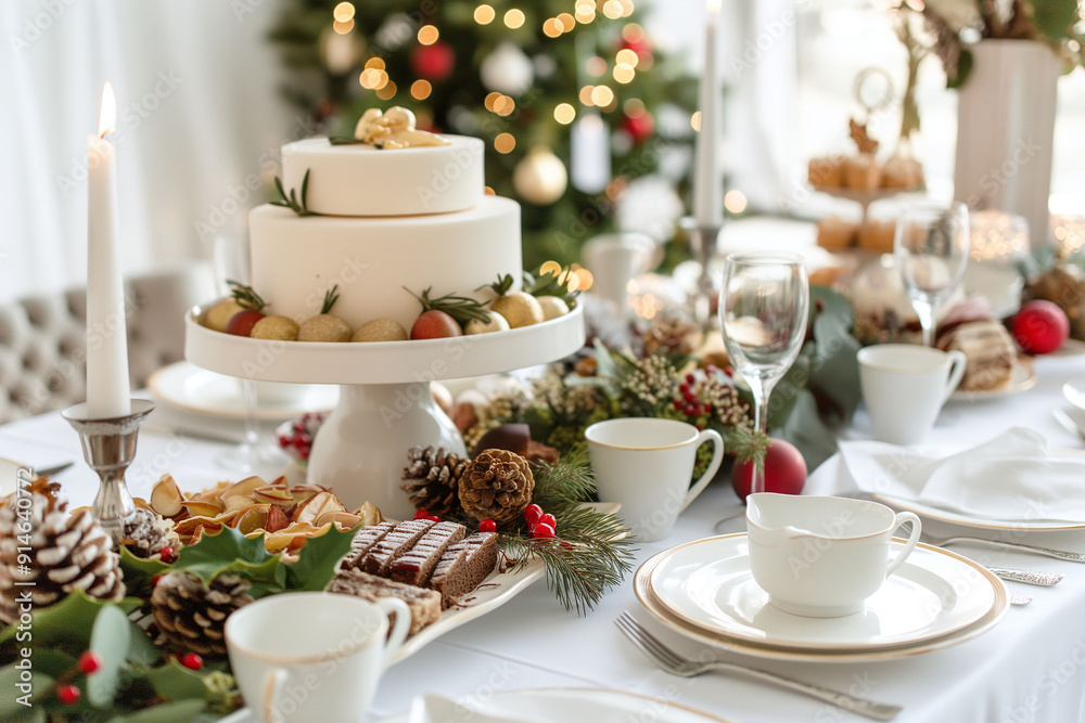 An elegant white Christmas cake displayed on a beautifully decorated holiday table with festive ornaments and Christmas tree in the background