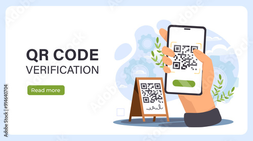 QR code verification. Smartphone with shortened link to website. Cashless transfers and transactions. Mobile phone payment application. Landing page design. Flat vector illustration