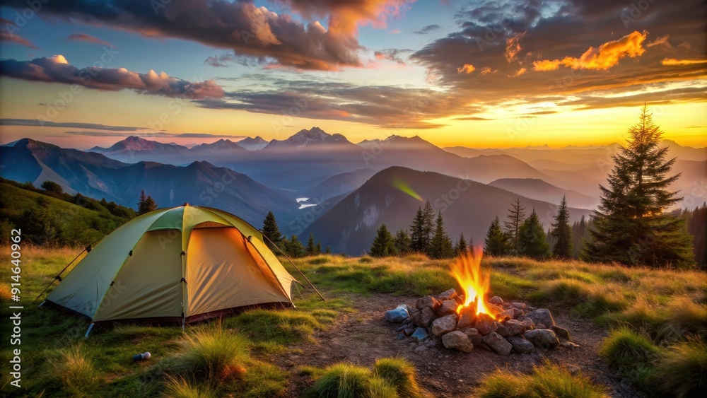 Camping in the mountains at sunset with a cozy tent and glowing campfire , Adventure, nature, outdoors, dusk