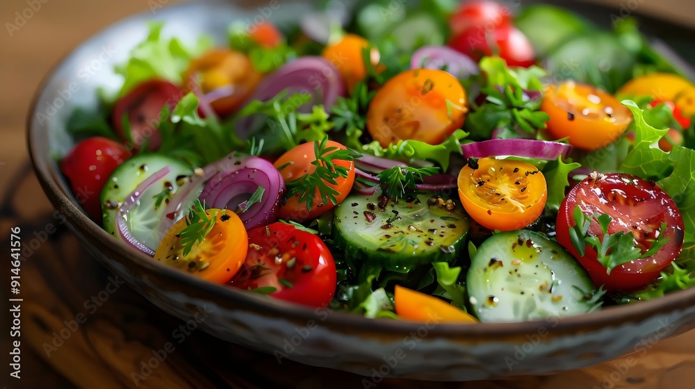 A bowl of salad with a variety of vegetables including tomatoes, cucumbers A bowl of salad with a variety of vegetables including tomatoes, cucumbers