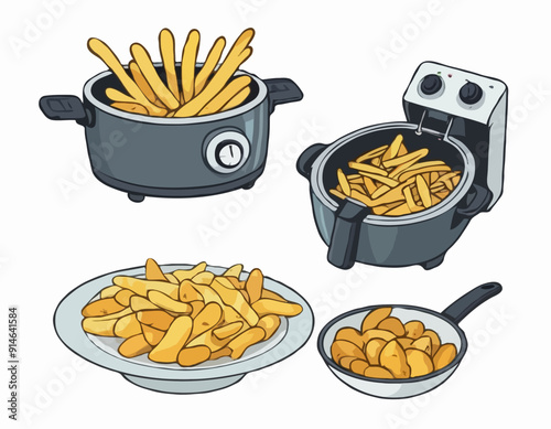 Electric fryer with a bowl of fried potatoes beside. Home appliances, kitchen objects. Cartoon style illustration