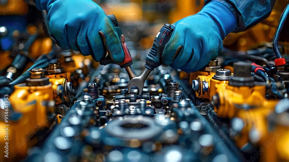 Male auto mechanic locksmith performs work on car repair at a service station workshop Male auto mechanic locksmith performs work on car repair at a service station workshop