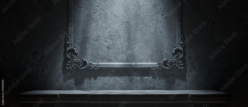 Obraz premium Spooky Showroom: An Empty Space with an Ornate Frame and Shelf, Perfect for Halloween Displays