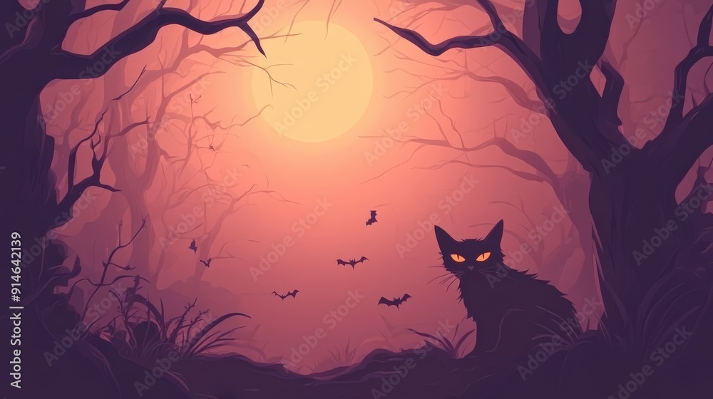 Black Cat in a Foggy Forest on Halloween Black Cat in a Foggy Forest on Halloween
