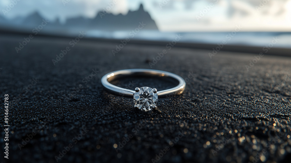 Diamond ring on black sand in the desert Diamond ring on black sand in the desert