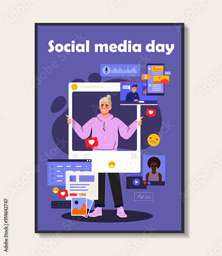 Social media day poster. Man in post frame. Promotion in messengers and social networks. Popular blogger creates interesting content. Flat vector illustration isolated on white background