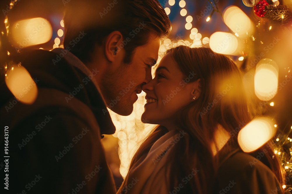 A close-up of a couple sharing an intimate moment under mistletoe, surrounded by warm holiday lights during Christmas A close-up of a couple sharing an intimate moment under mistletoe, surrounded by warm holiday lights during Christmas