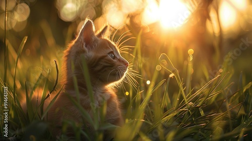  A cat lounging on grass under the sunbeams filtering through the tree canopy