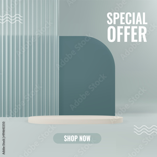 3D product display background. Realistic podium background with reeded translucent glass. Product platforms for promotion and sales. Minimal vector scene in grounding hues