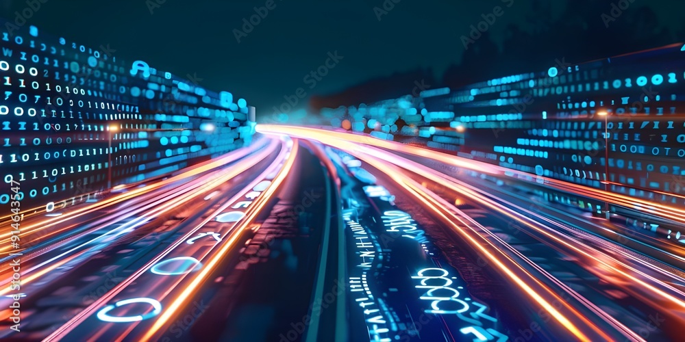 A digital highway of binary code, symbolizing the fast cream speed and technology in business using AI for data analysis and big surges. A digital highway of binary code, symbolizing the fast cream speed and technology in business using AI for data analysis and big surges.