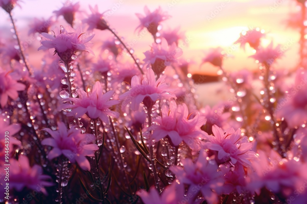 Pink flower field with sunset background Pink flower field with sunset background