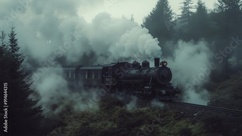 Cinematic Capture of an Old Steam Train Moving Through a Foggy Forest in Autumn