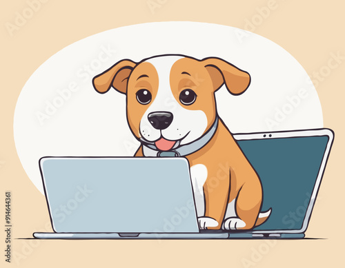 Vector cartoon dog lying behind laptop