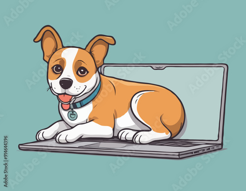 Vector cartoon dog lying behind laptop