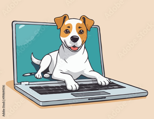 Vector cartoon dog lying behind laptop