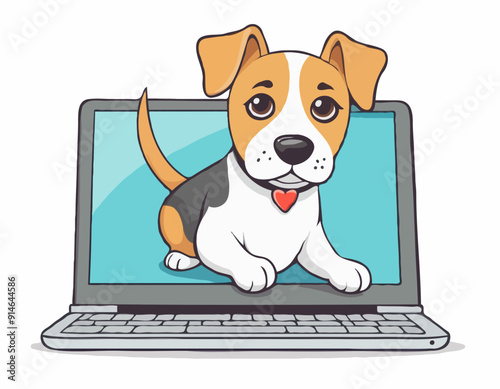 Vector cartoon dog lying behind laptop