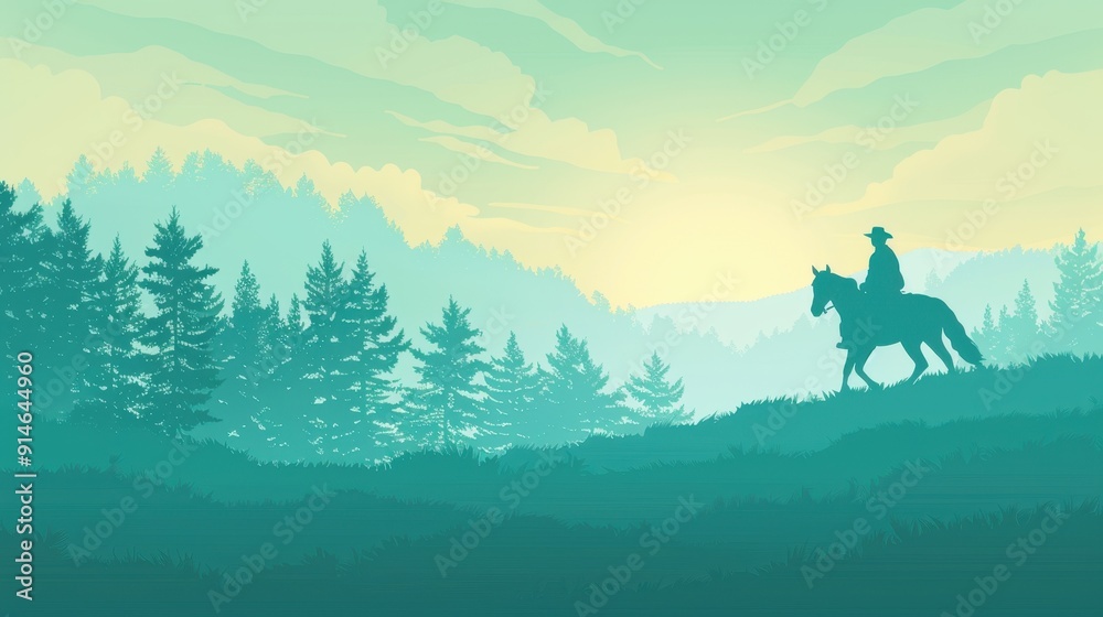 Fototapeta premium A landscape featuring a silhouette of a rider on horseback amidst tranquil hills and forest at sunrise.