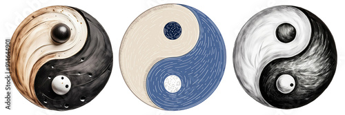Set of three Yin Yang symbol drawings. Isolated.