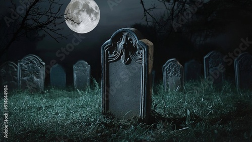 Blank gravestones in an old abandoned graveyard at night with a full moon.