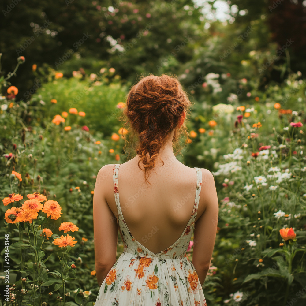 Woman With Red Hair With It Styled In A Ponytail Wearing A Sundress In A Lush Green Field Woman With Red Hair With It Styled In A Ponytail Wearing A Sundress In A Lush Green Field