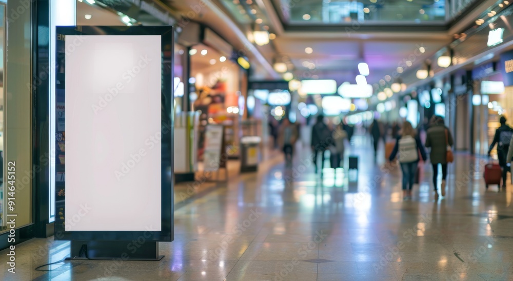 Empty banner in shop. White template mockup panel. Hall of mall center. Advertisement placard or billboard poster. Commercial business blank display. Modern signboard Empty banner in shop. White template mockup panel. Hall of mall center. Advertisement placard or billboard poster. Commercial business blank display. Modern signboard